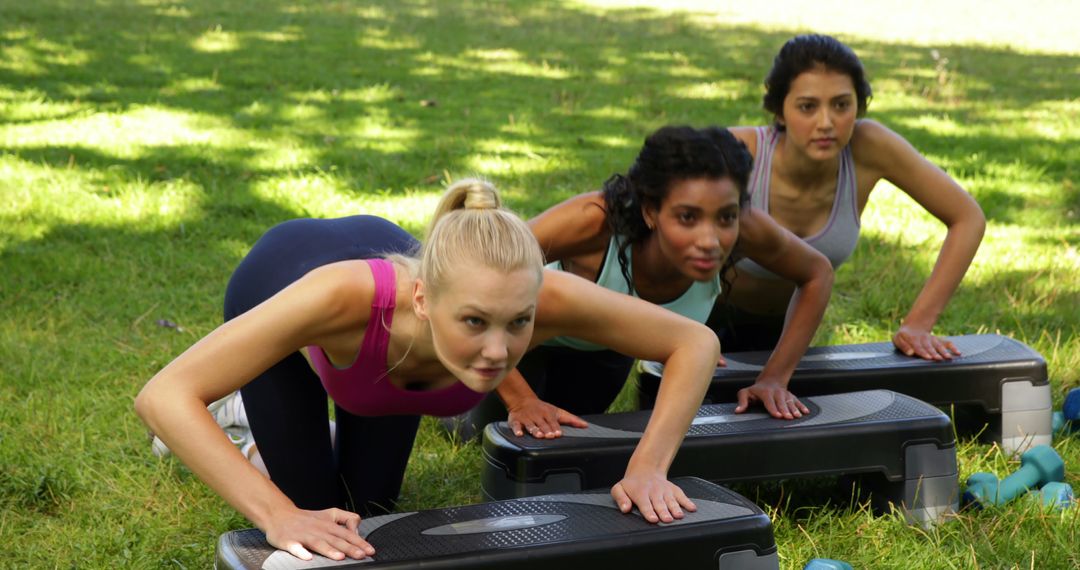 Diverse Women Exercising on Step Platforms Outdoors in Park - Free Images, Stock Photos and Pictures on Pikwizard.com