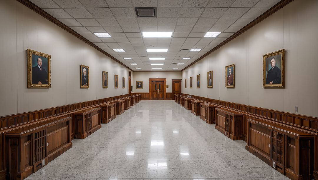 Displaying grand courthouse corridor with gleaming marble floor and gilded portrait gallery
