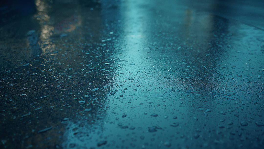 Reflective Urban Pavement with Raindrops and Teal Reflections