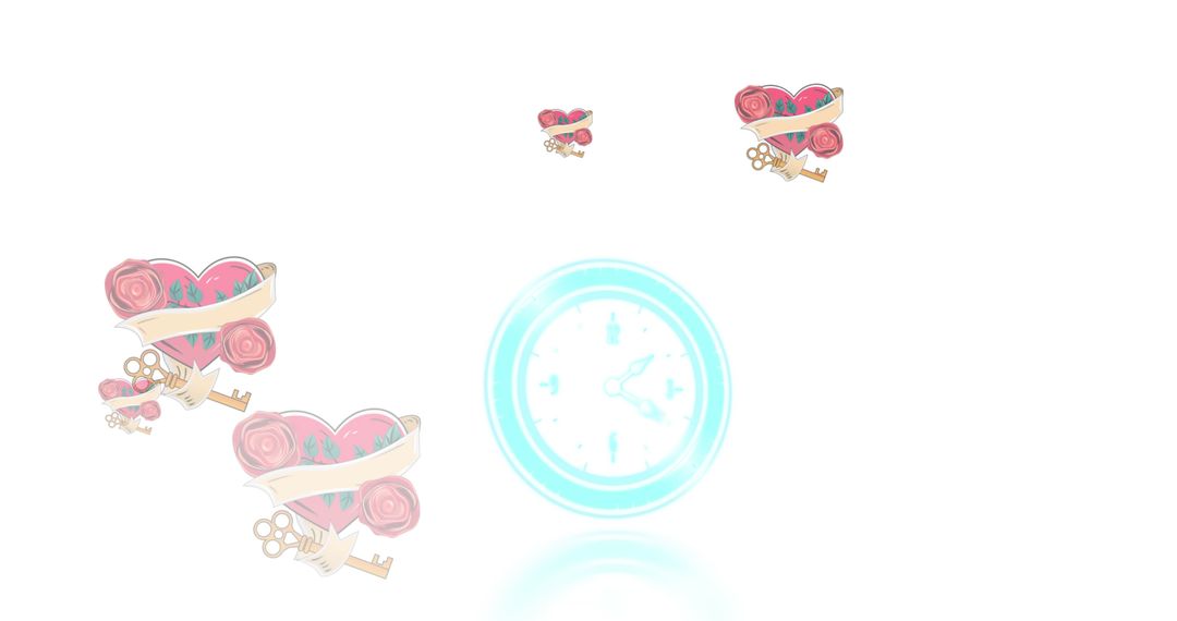 Neon Clock and Falling Heart Icon Pattern on White Background