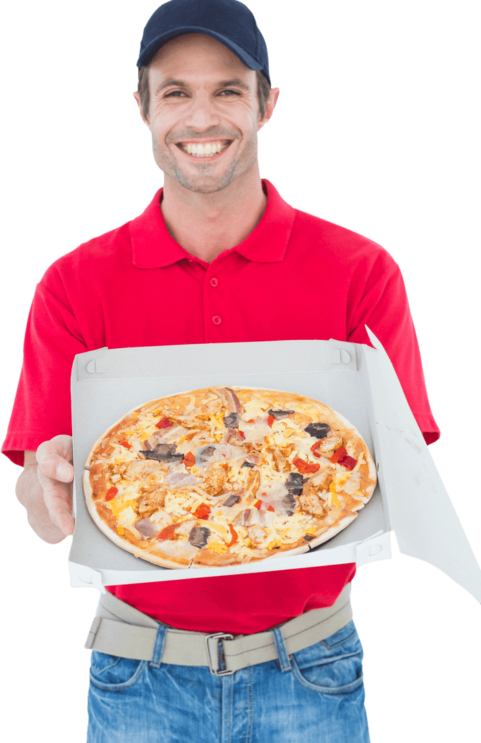 Smiling Delivery Man Offering Transparent Pizza Box with Fresh Pizza
