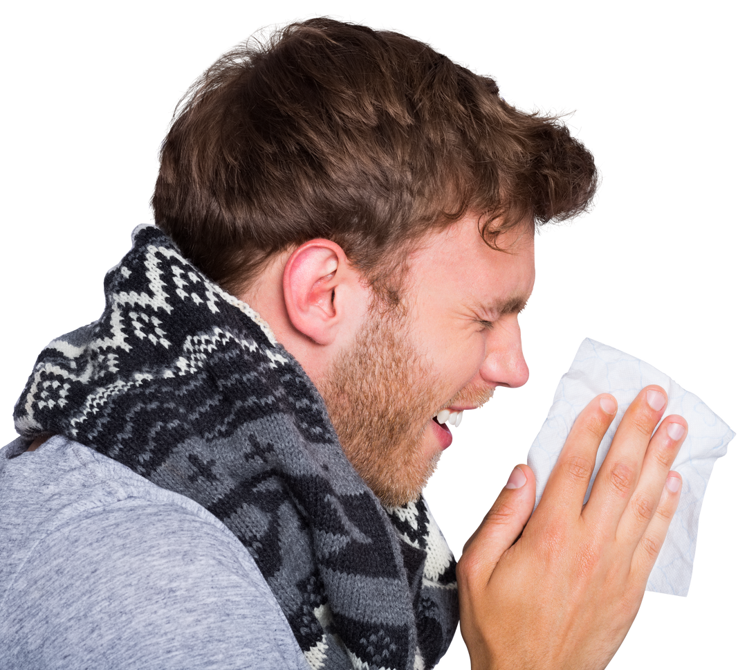 Transparent Image of Man Sneezing into Tissue - Download Free Stock Images Pikwizard.com