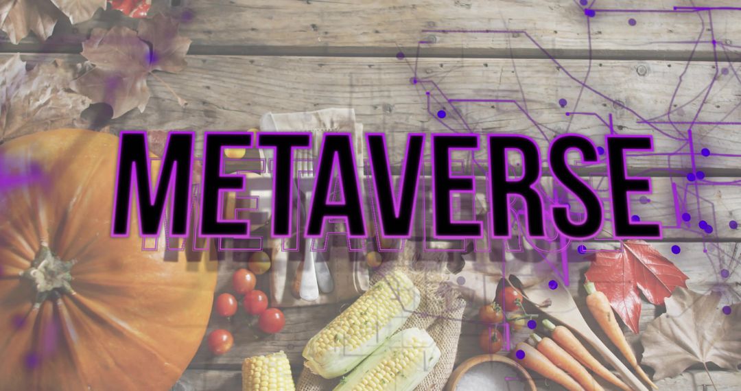 Metaverse Typography Overlay on Rustic Autumn Harvest Table with Pumpkin Corn and Carrots