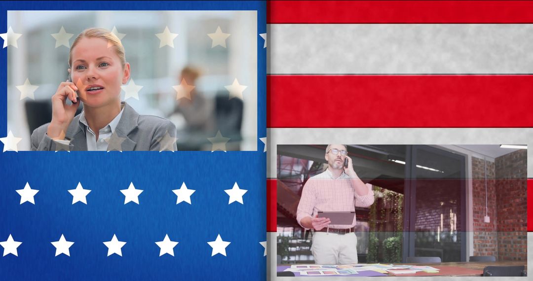 USA Flag Overlay on Business Professionals Networking in Office