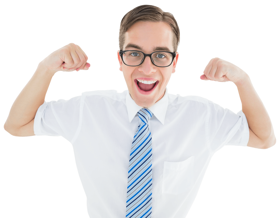 Transparent Cheerful Businessman Flexing Biceps and Smiling