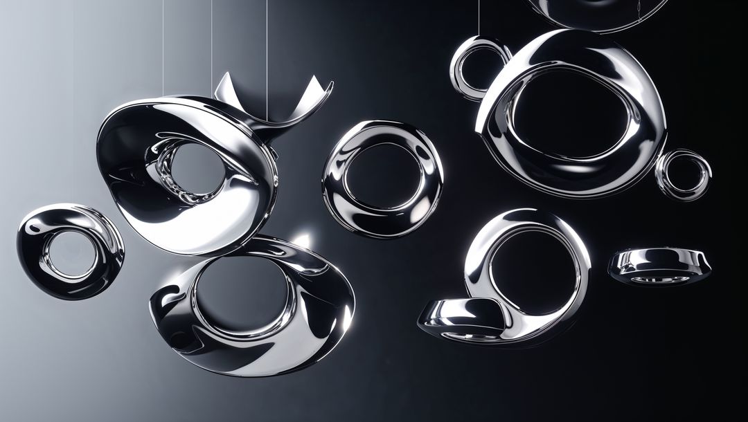 Floating Chrome Torus Rings with Reflective Surface in Abstract Setting