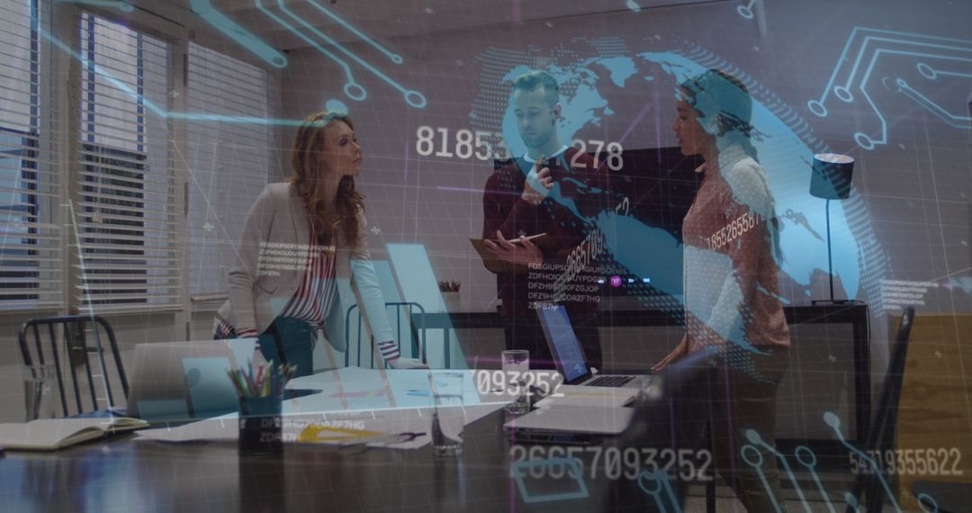 Team Collaborating with Global Data Interface Overlay