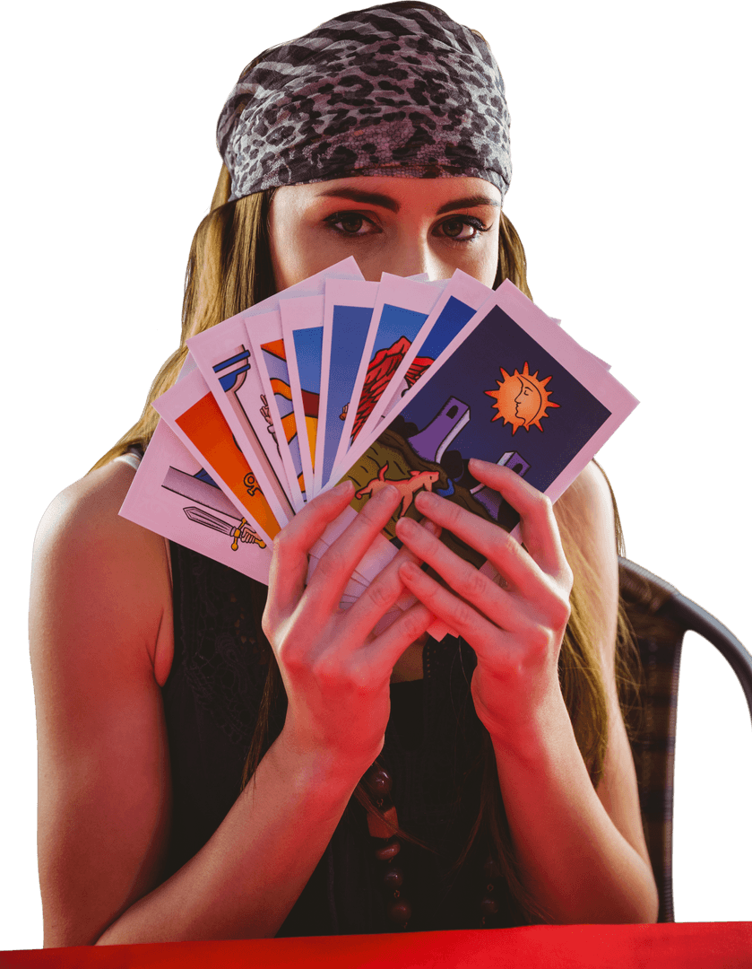 Mysterious Fortune Teller with Tarot Cards on Transparent Background