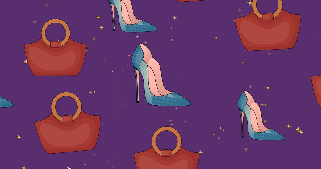 Stylish Pattern with High Heels and Handbag on Purple Background