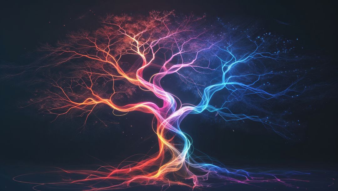 Neon light dreaming tree with luminous swirling energy