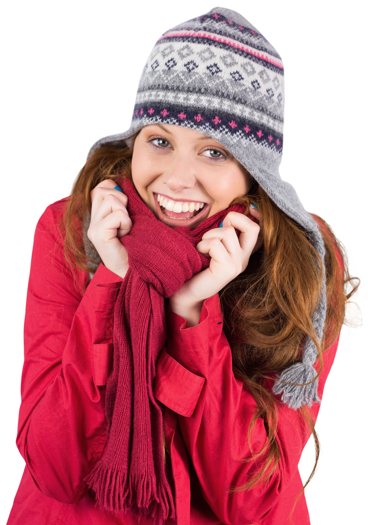 Joyful Redhead Embracing Winter in Warm Hat and Scarf on Transparent Background - Download Free Stock Images Pikwizard.com