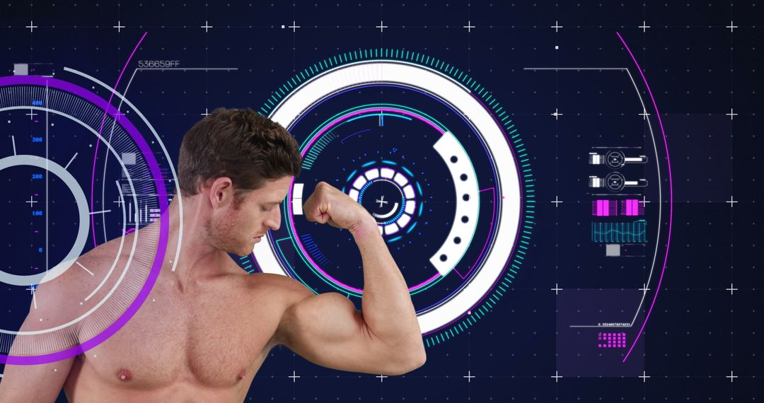 Muscular Man Flexing with Futuristic Digital Interface