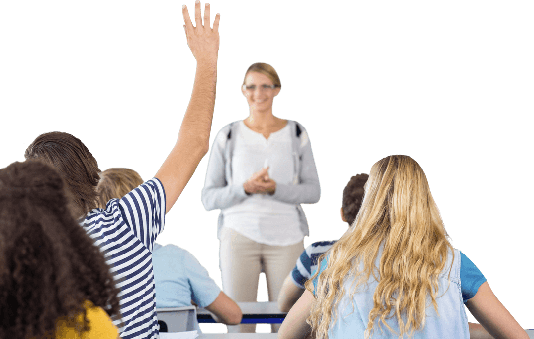 Transparent Diverse Students in Classroom Raising Hand