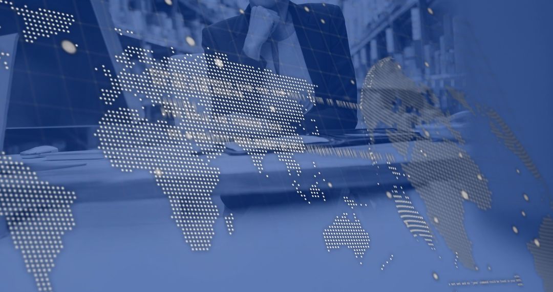 Businesswoman in Control Center with Global Map Overlay