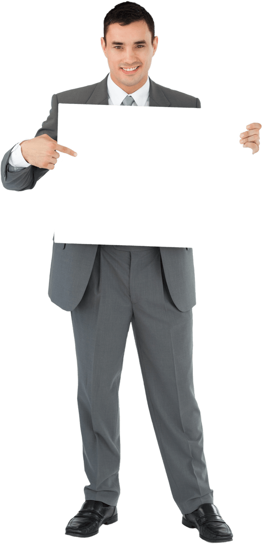 Smiling Businessman Holding Transparent Sign for Message Display