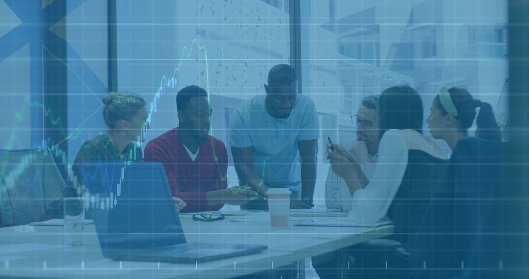 Financial Data Overlay on Multicultural Business Team in Modern Office