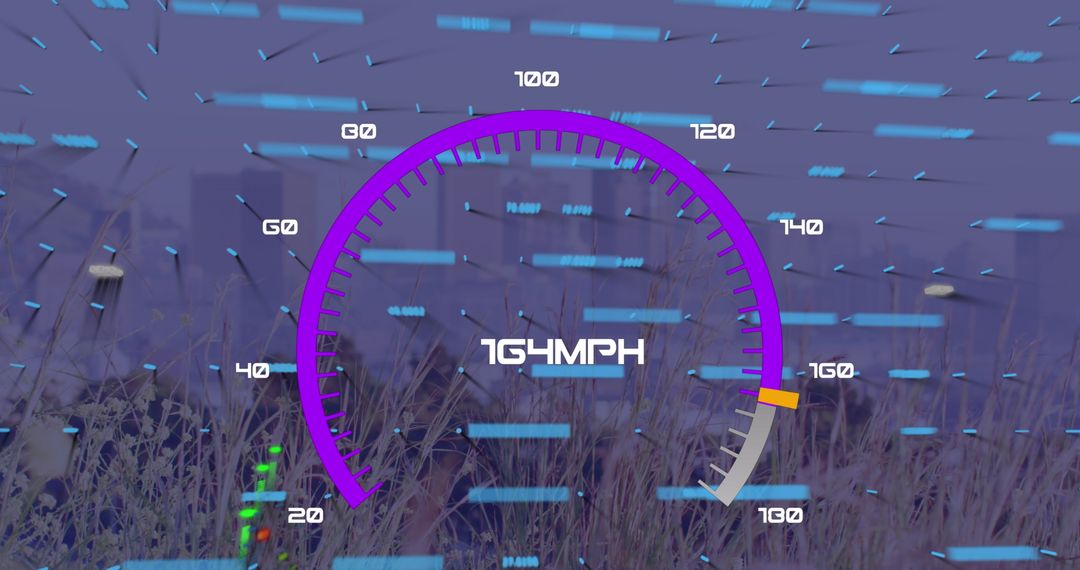 Futuristic Speedometer Display Over Cityscape