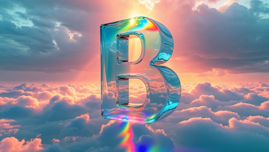 Translucent 3D Letter B with Rainbow Rays in Cloudy Dawn Sky
