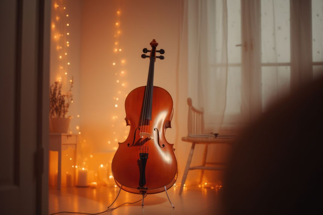 Elegant Cello in Warm Cozy Living Room with String Lights and Rocking Chair - Free Images, Stock Photos and Pictures on Pikwizard.com