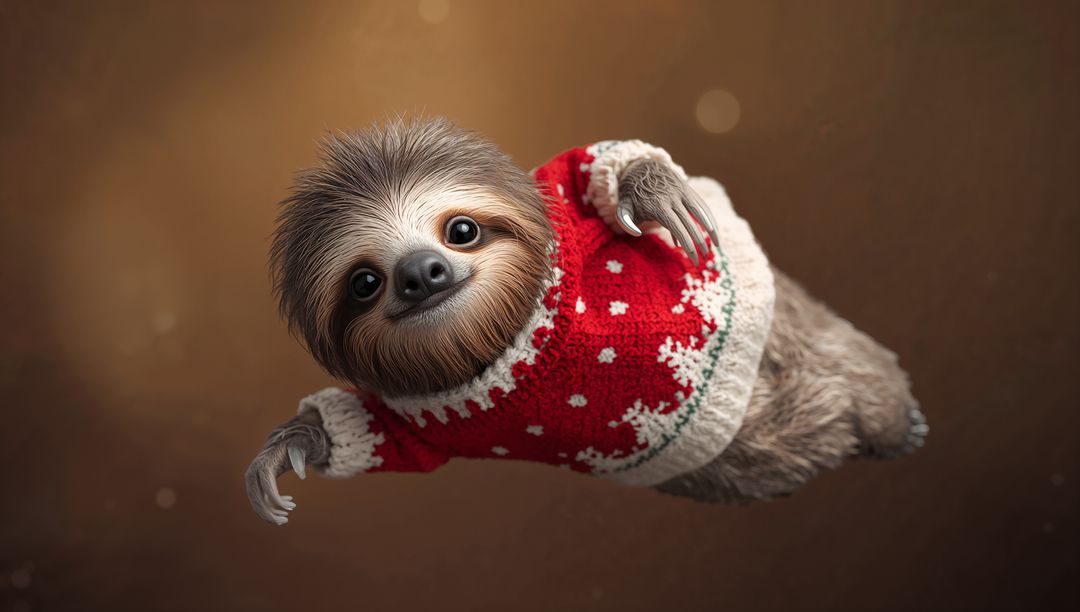 Adorable sloth floating in cozy red Christmas sweater smiling with visible claws