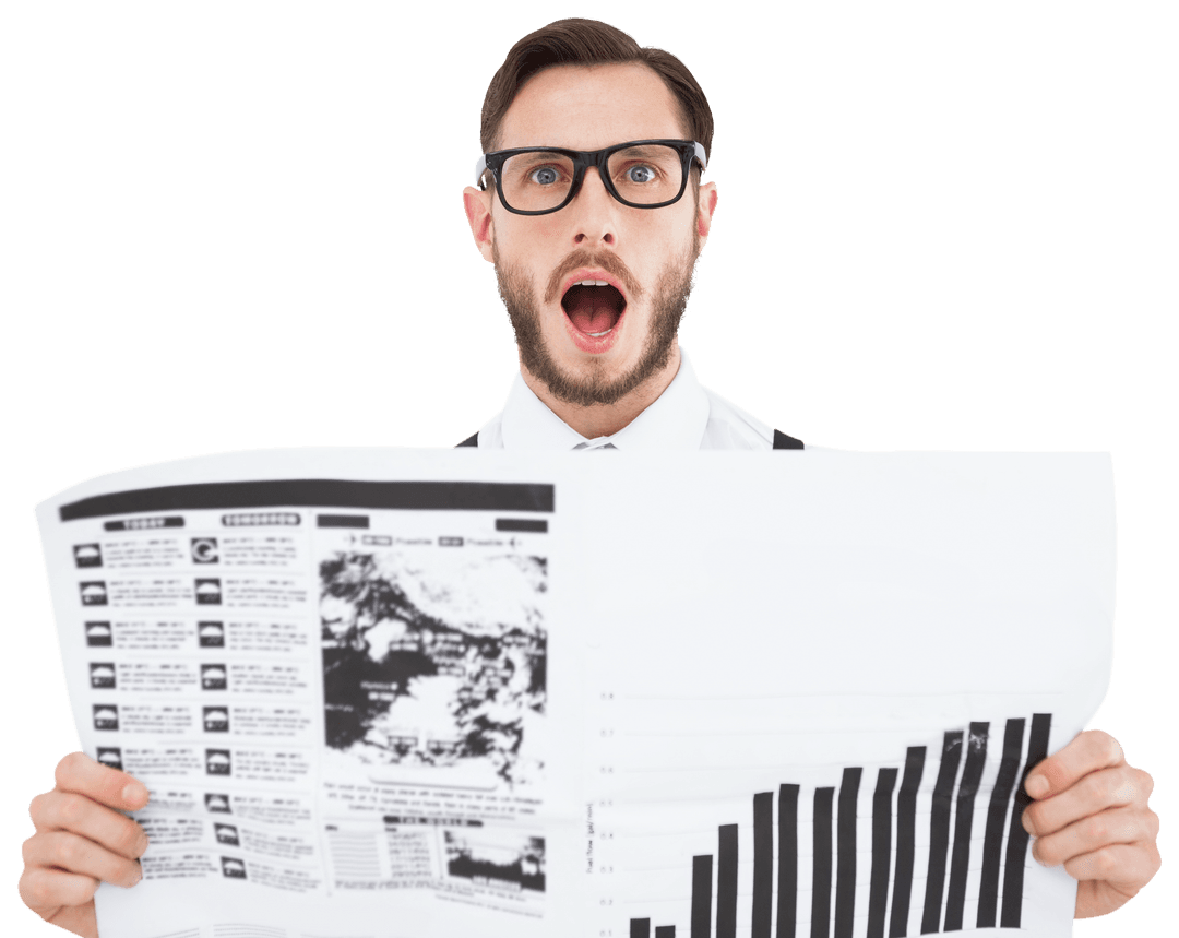 Surprised Humorous Hipster Holding Transparent Newspaper