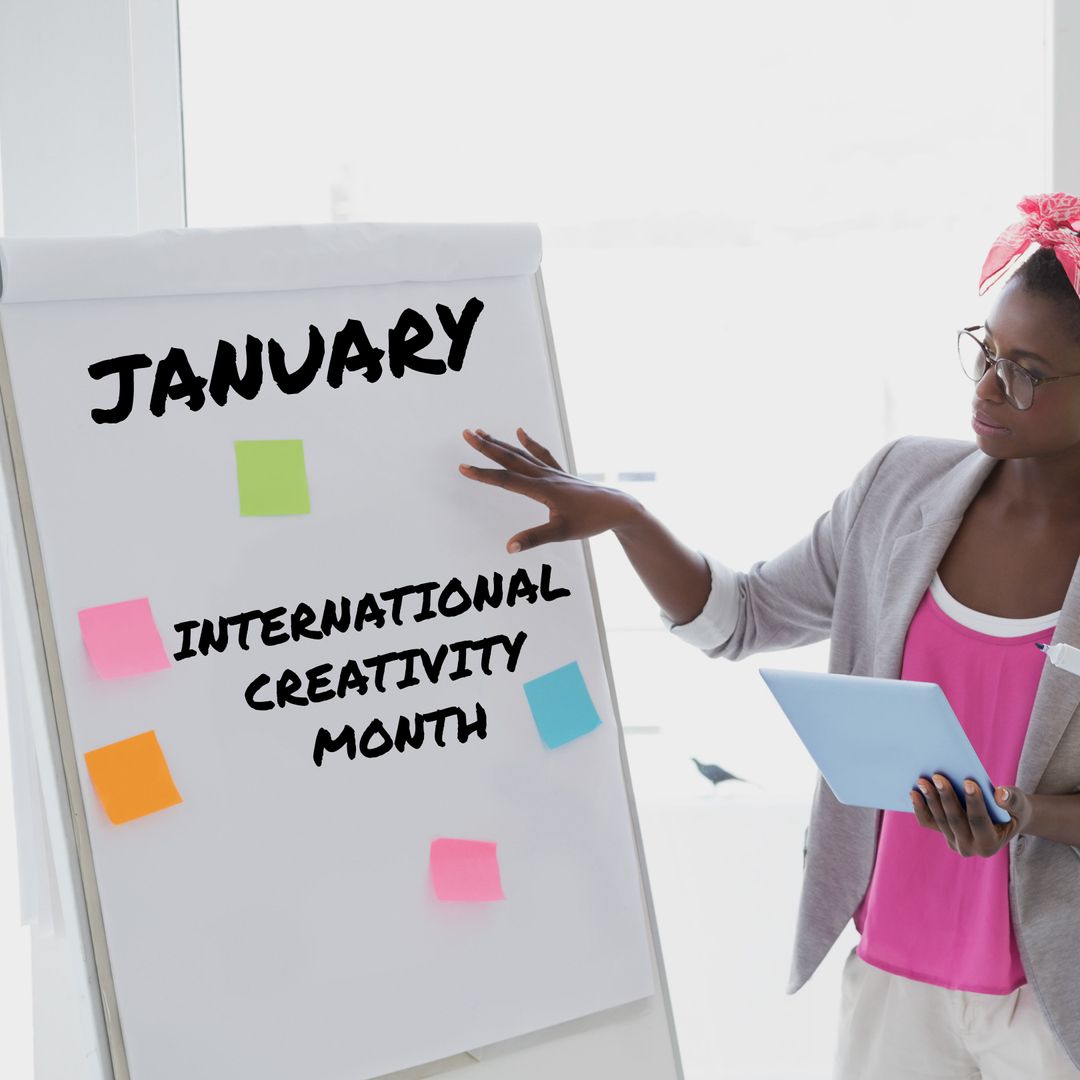 Empowered Woman Promoting International Creativity on Flip Chart