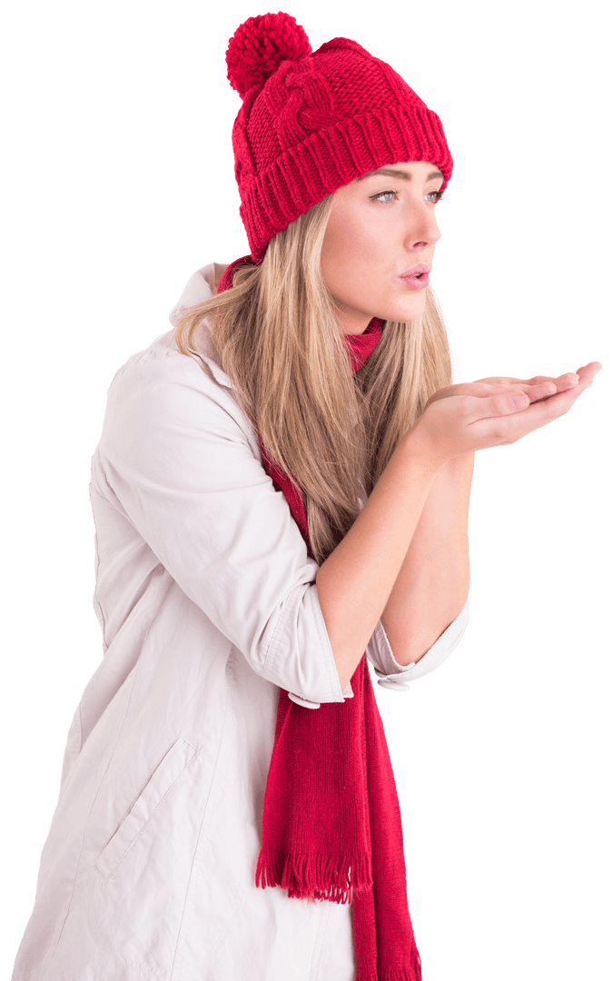 Festive Woman in Red Winter Hat on Transparent Background