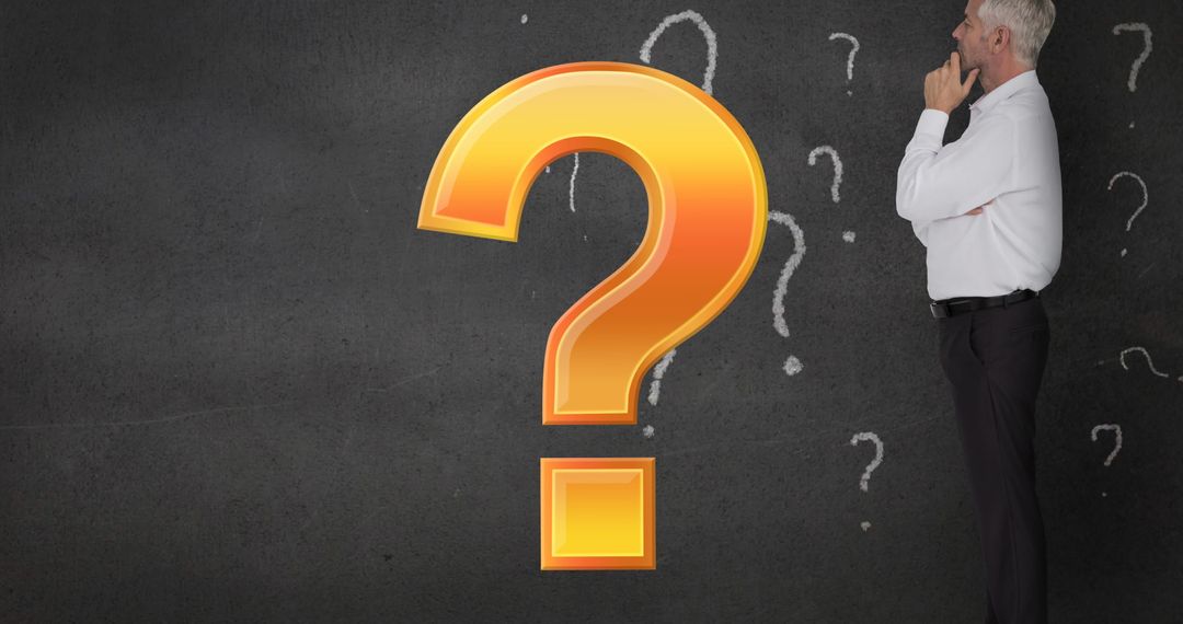 Businessman Contemplating with Large Question Mark