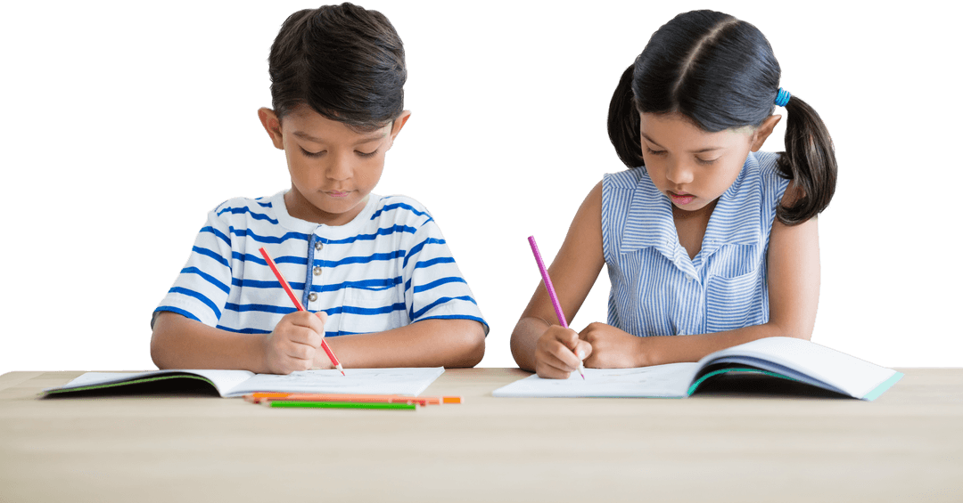 Transparent Background Kids Focused on Writing at Table