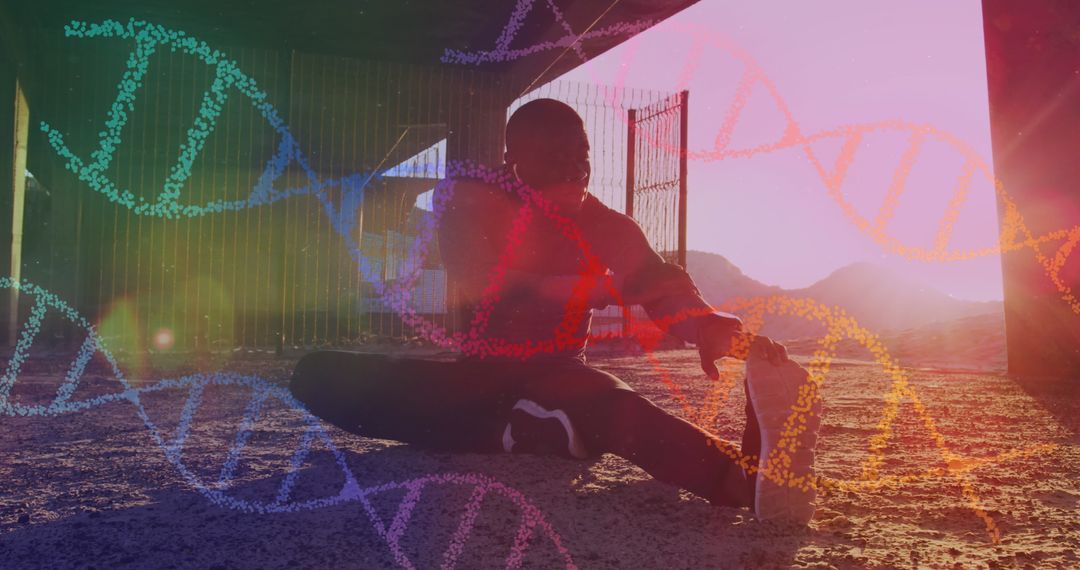 Athlete Stretching with Abstract DNA Overlays