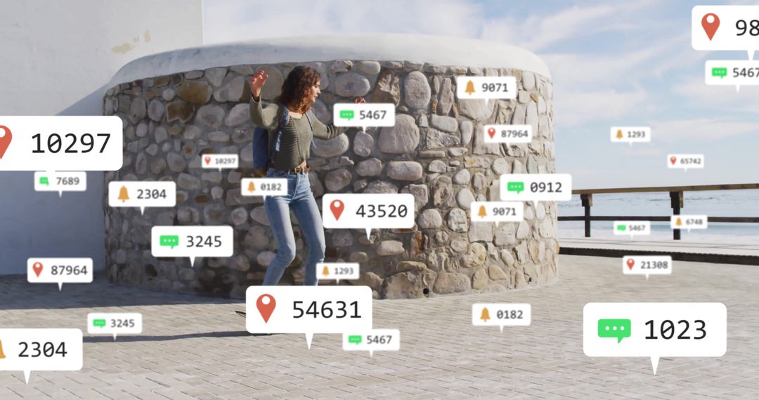 Woman Skating on Ocean Promenade with Floating Notifications