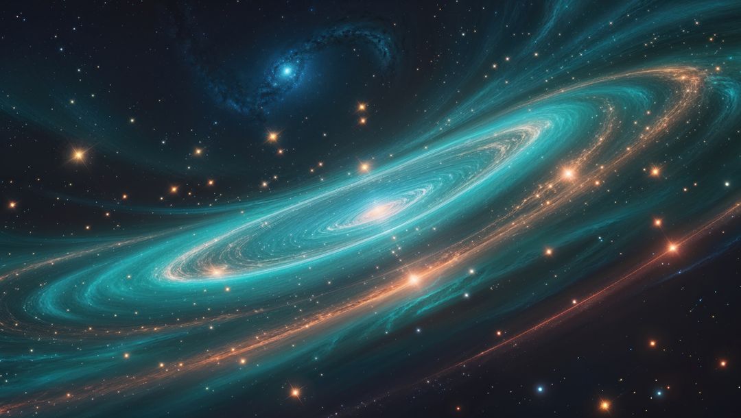 Swirling Galaxy with Turquoise and Amber Gas Rings in Deep Space