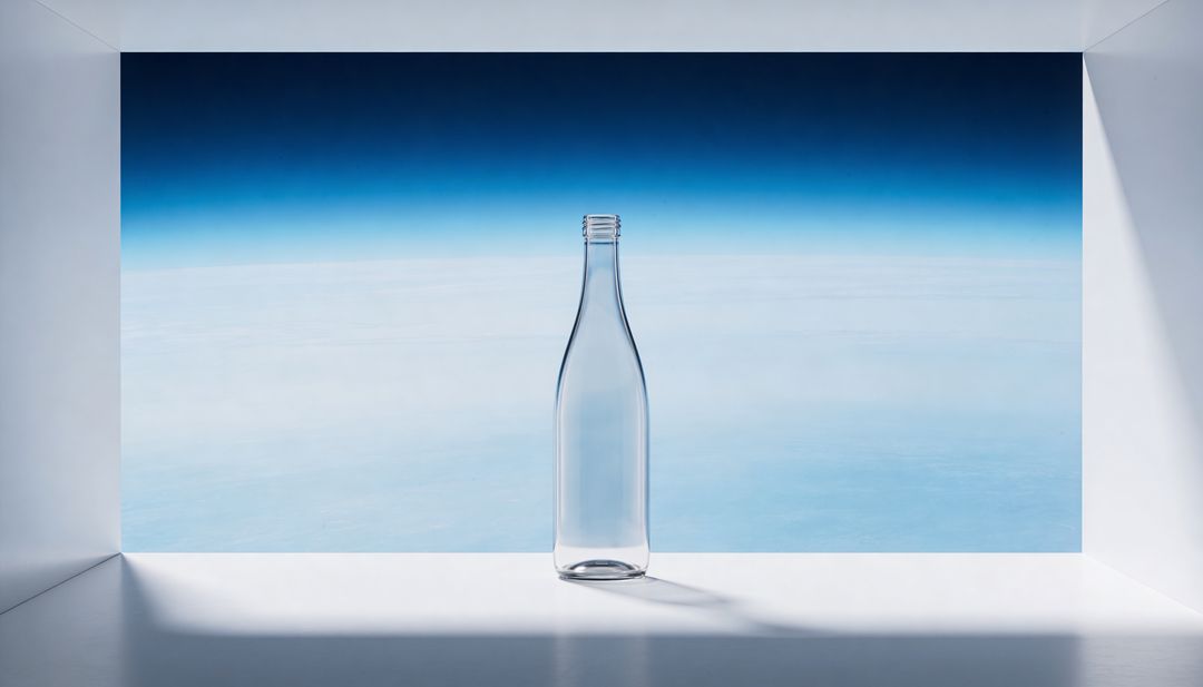 Clear glass bottle standing in minimal white niche with blue gradient and angular shadows