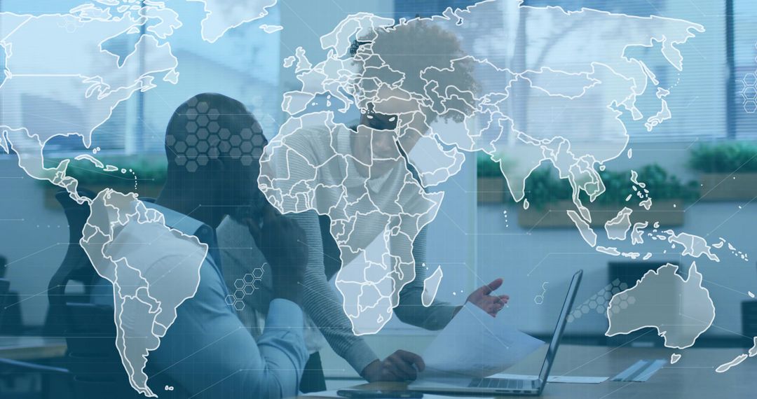 Global business collaboration with digital world map overlay