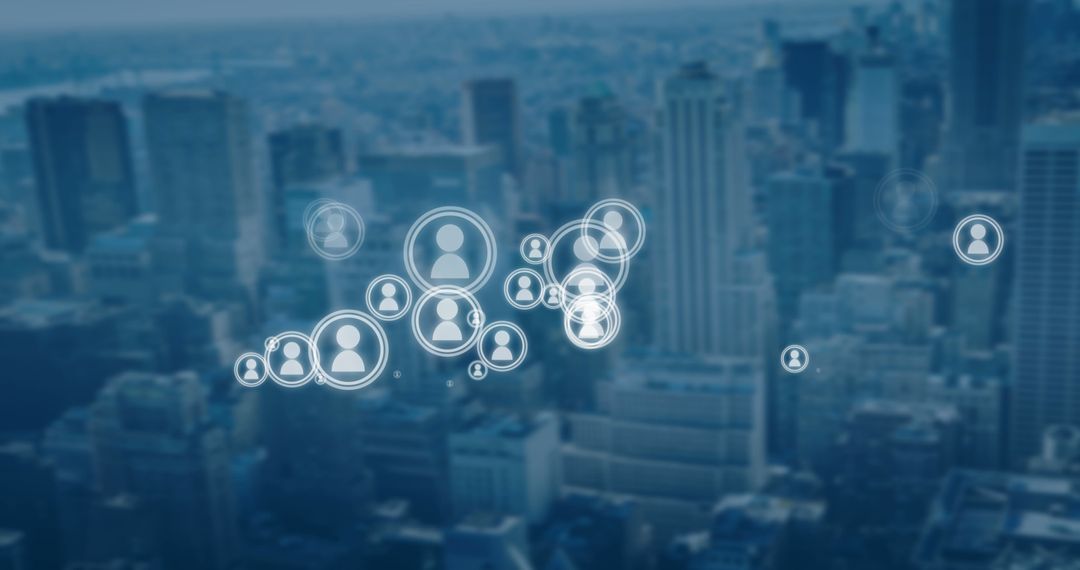 Social Media Concept with Digital Profile Icons on Cityscape