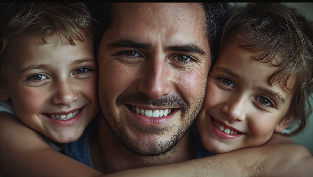 Smiling Father with Children Embracing in Warm Family Moment