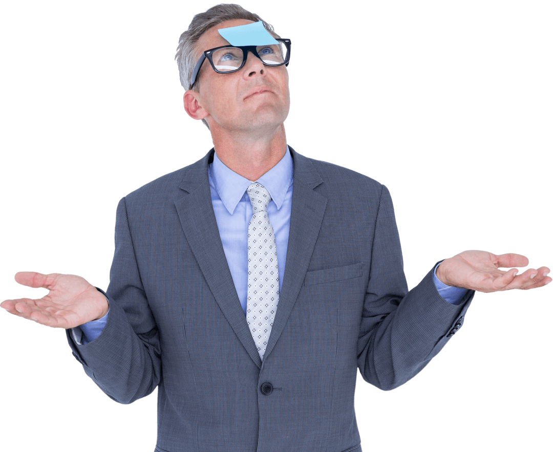 Transparent Businessman Wondering with Sticky Note on Forehead