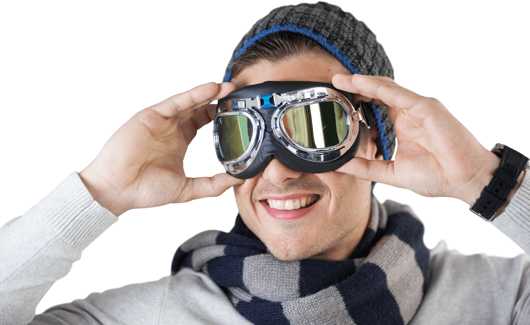 Smiling Man Wearing Warm Clothing and Transparent Aviator Goggles