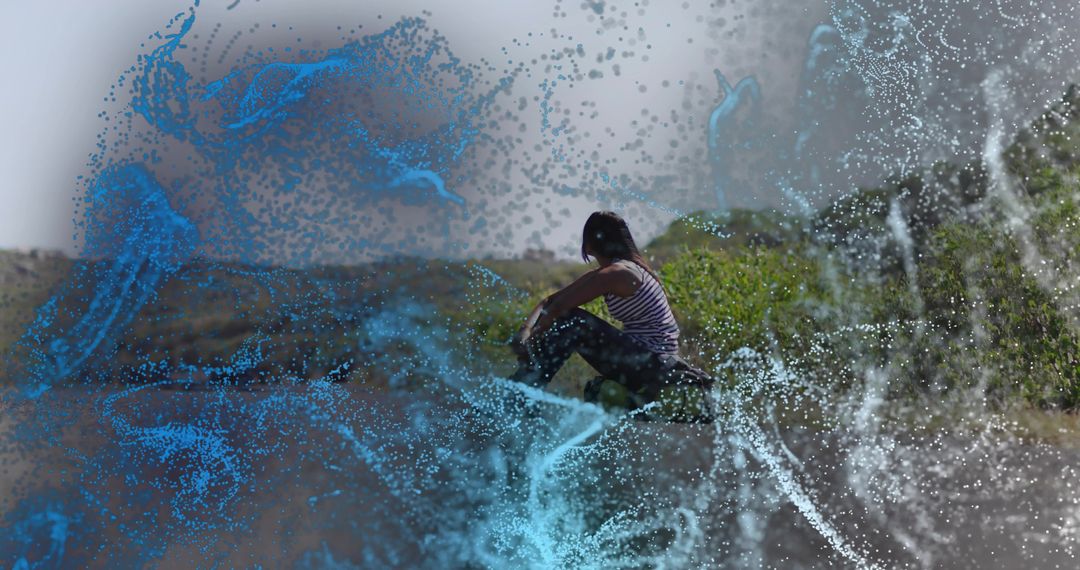 Woman Contemplating Nature with Dynamic Particle Art