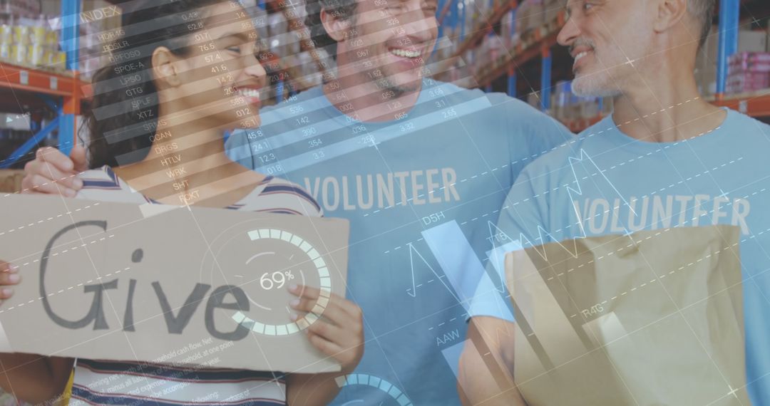 Diverse Volunteers Smiling with Donations in Warehouse Setting