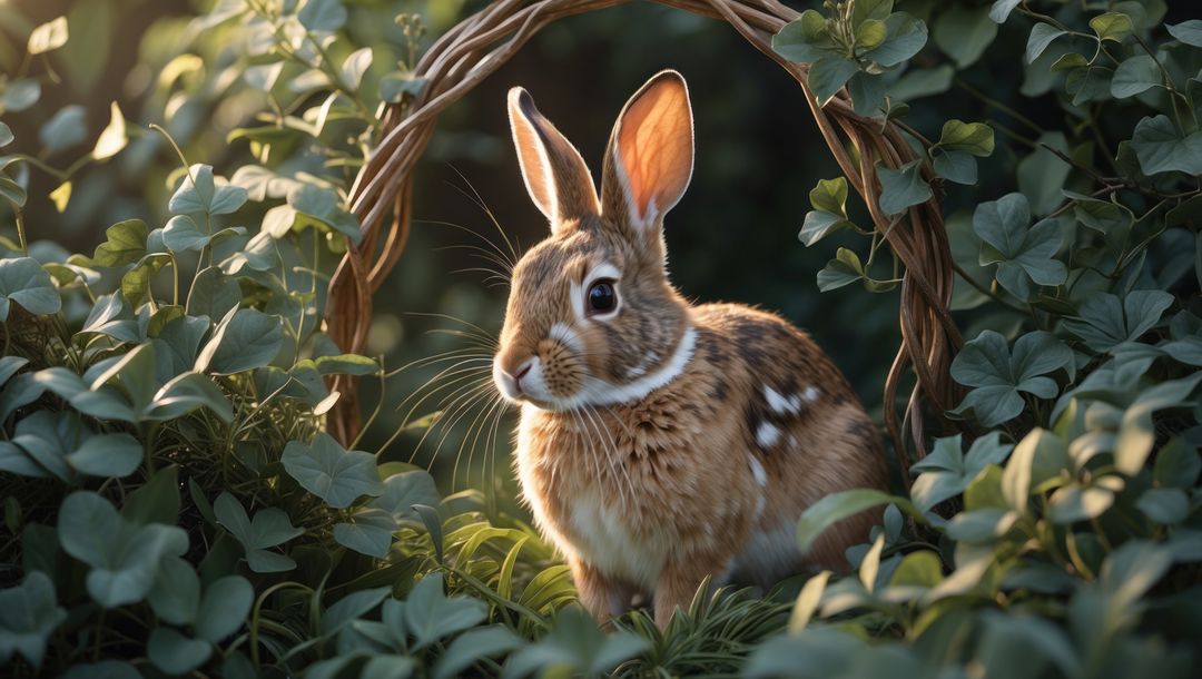Brown cottontail rabbit among heart-shaped leaves in rustic forest setting