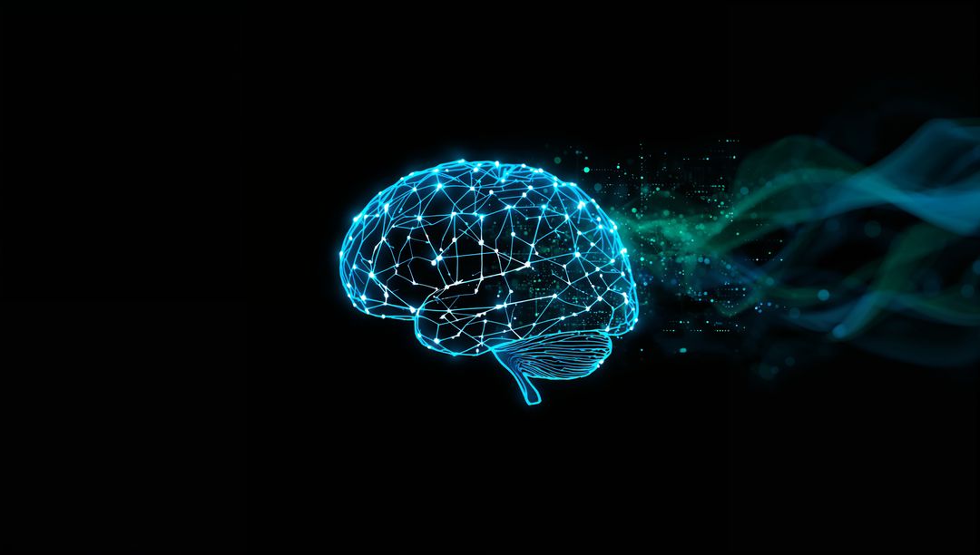 Digital Wireframe Brain Emitting Particles in Virtual Space