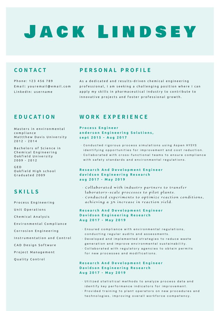 Professional Resume for Experienced Chemical Engineer - Download Free Stock Templates Pikwizard.com