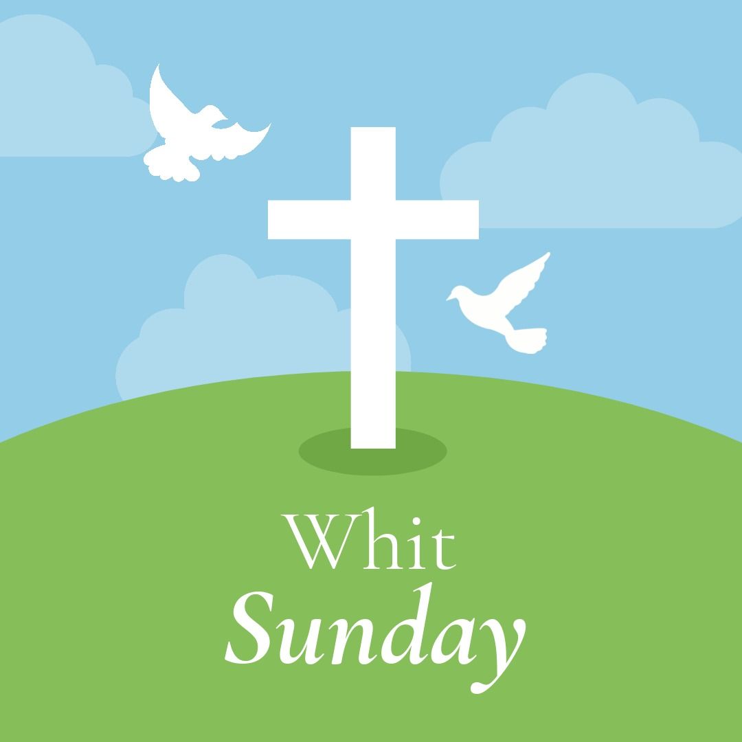 Digitally generated image of white cross and doves with whit sunday text against blue sky - Download Free Stock Templates Pikwizard.com