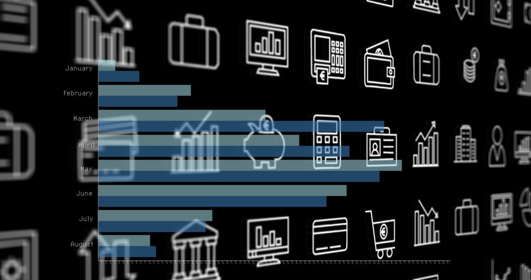 Financial Icons with Bar Graphs on Black Background
