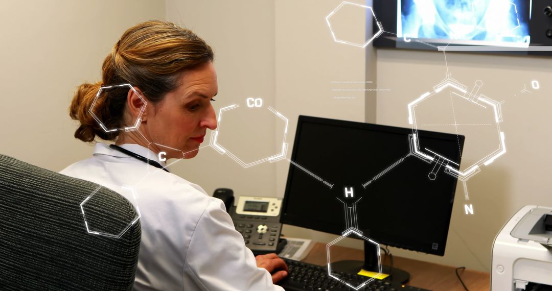Scientist Analyzing Molecular Structures on Computer in Modern Lab