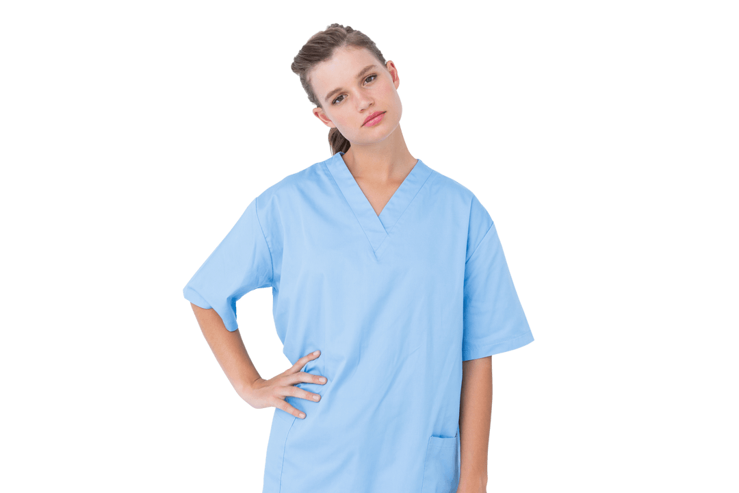 Serious Nurse in Blue Scrubs with Transparent Background