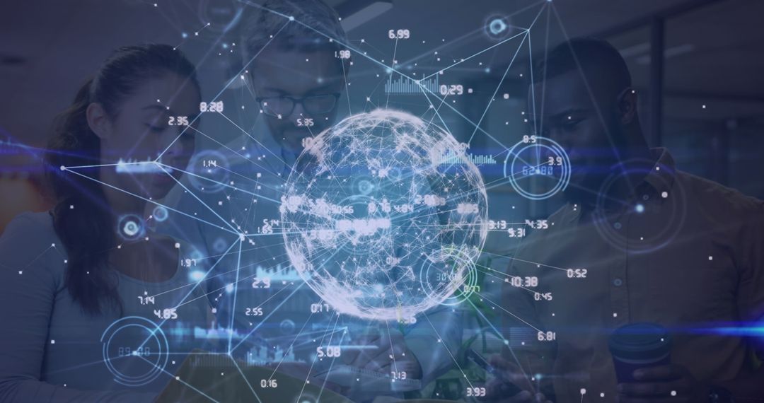 Diverse Team Engaging with Digital Network Interface Visualization