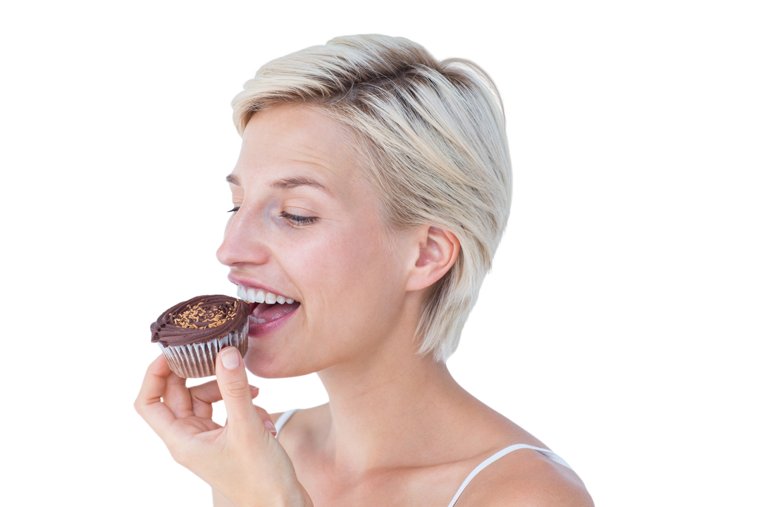 Attractive Woman Eating Chocolate Muffin on Transparent Background - Download Free Stock Images Pikwizard.com