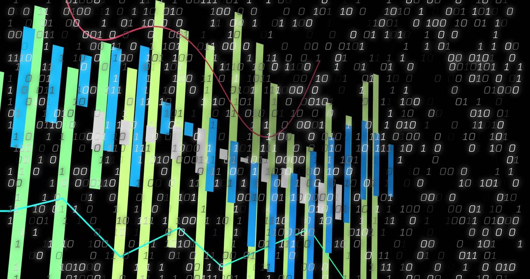 Colorful 3D Bar and Line Graph with Binary Code Background